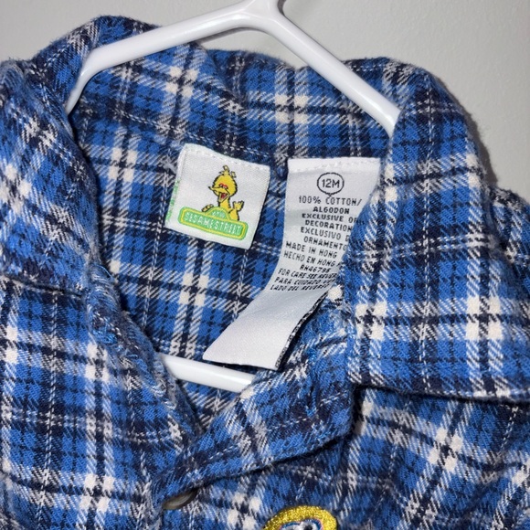 Sesame Street pals blue plaid flannel vintage embroidered characters button 12m - Picture 2 of 3